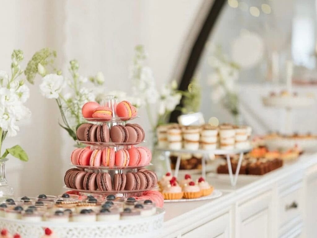 Elegantný svadobný candy bar s ružovými a čokoládovými makrónkami, ovocnými tartaletkami, vrstvenými dezertmi a jemnými zákuskami, doplnený bielymi kvetmi od LE BON cukrárskej výroby.