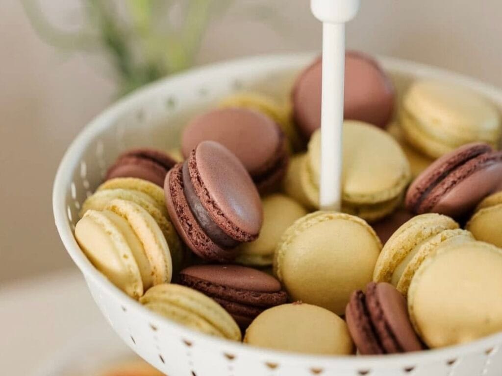 Elegantné makrónky v odtieňoch krémovej a čokoládovej farby naaranžované na bielej etažérke – dokonalá lahôdka na každú príležitosť od LE BON cukrárskej výroby.